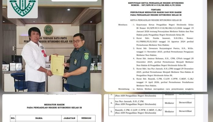 Selamat Atas Penunjukan Rasyidi, C.MDF., lulusan  FERADI MEDIATORE, Mediator Non Hakim di Pengadilan Negeri Situbondo Kelas IB